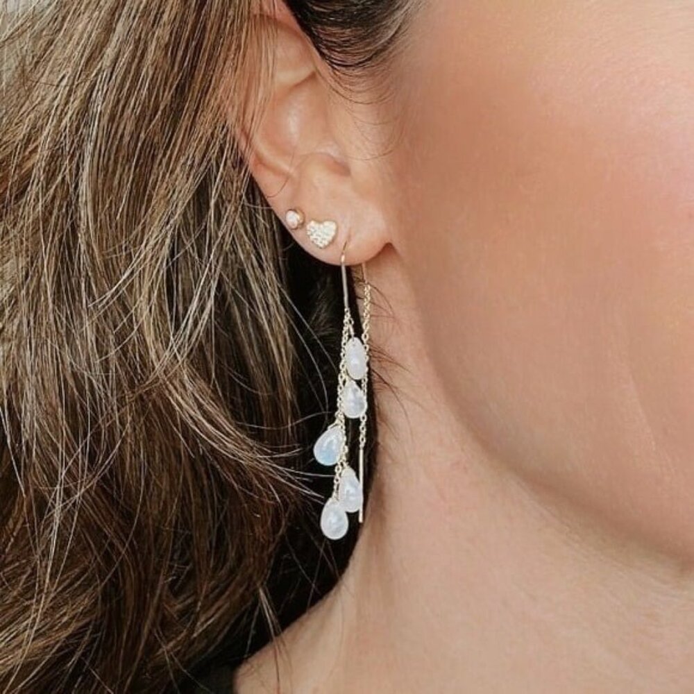 Moonstone Threader Earrings Gemstone Dangle Gold Non-tarnish Earrings Gorgeous - Picture 7 of 13